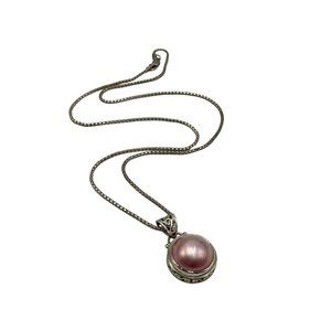 Sterling Silver Pink Pearl Necklace Genuine Round Pearl Cabochon Ornate Setting